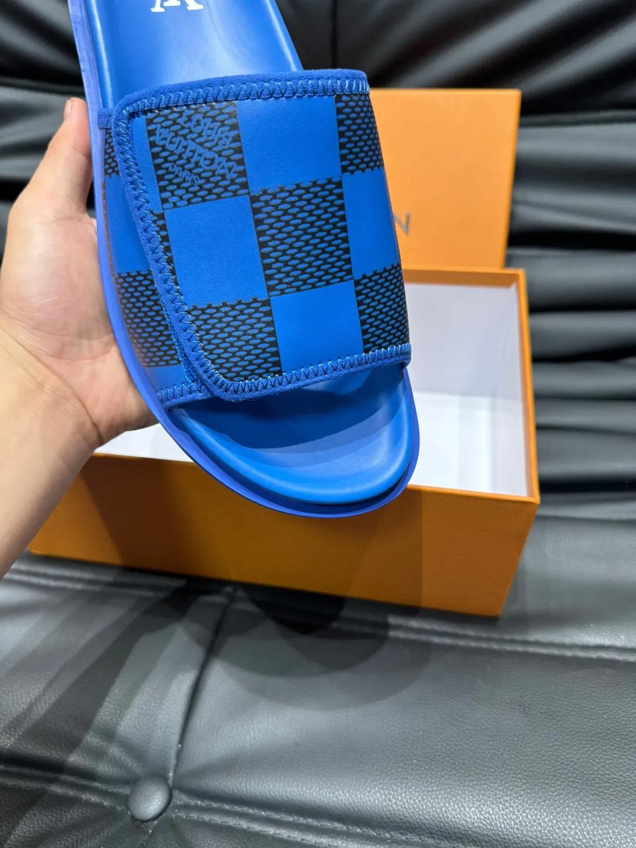 Louis Vuitton Blue Black Molded Rubber Sole Checkerboard Mesh Strap Slippers 7