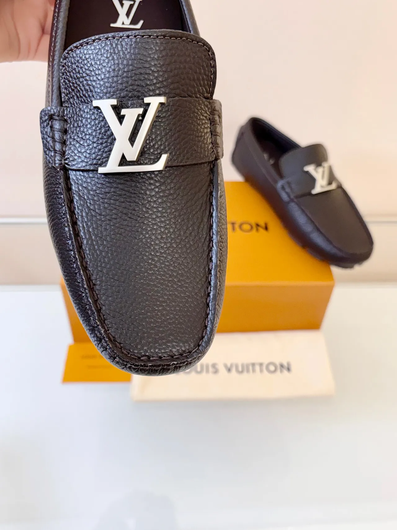 Louis Vuitton Brown Black Pebbled Leather LV Monogram Buckle Loafer 3