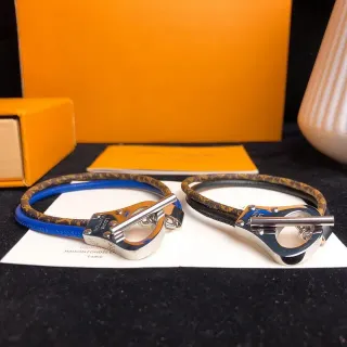 Louis Vuitton Brown Blue Monogram-Coated Leather Metal Toggle Clasp Bracelet