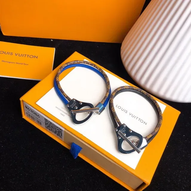 Louis Vuitton Brown Blue Monogram-Coated Leather Metal Toggle Clasp Bracelet 3