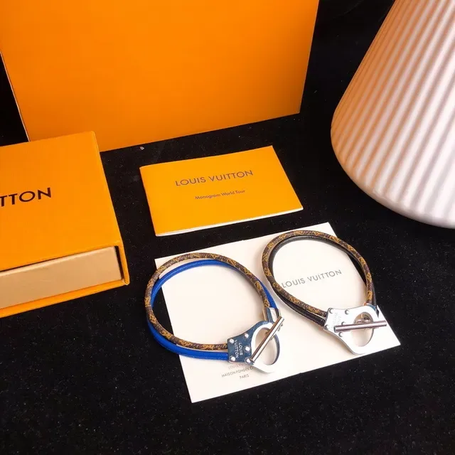 Louis Vuitton Brown Blue Monogram-Coated Leather Metal Toggle Clasp Bracelet 5