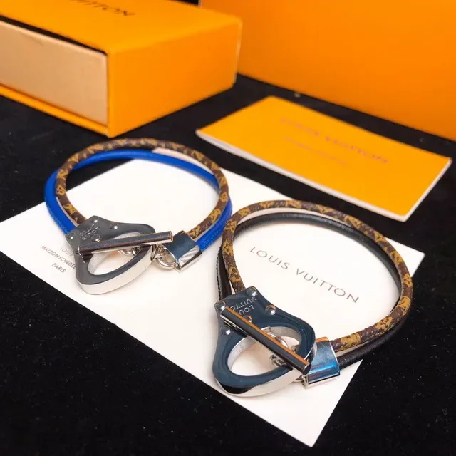 Louis Vuitton Brown Blue Monogram-Coated Leather Metal Toggle Clasp Bracelet 6
