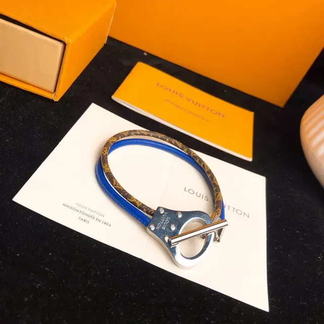 Louis Vuitton Brown Blue Monogram-Coated Leather Metal Toggle Clasp Bracelet 7