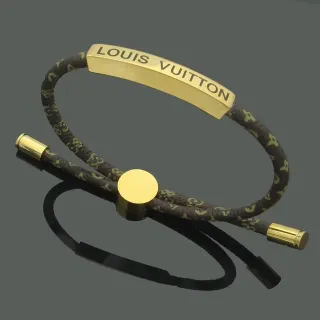 Louis Vuitton Pulsera de Cuerda Trenzada Monograma Marrón y Dorado con Placa Grabada