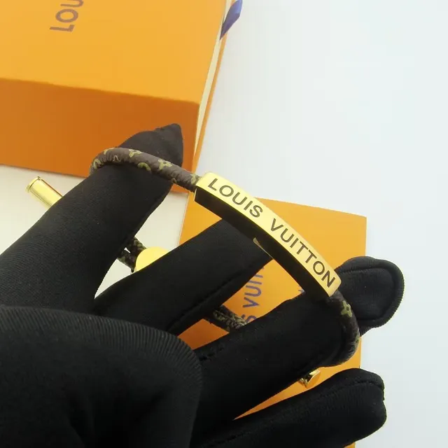 Louis Vuitton Brown Gold Braided Monogram Cord Engraved Plaque Bracelet 2