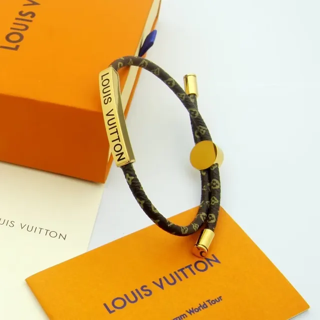 Louis Vuitton Brown Gold Braided Monogram Cord Engraved Plaque Bracelet 3