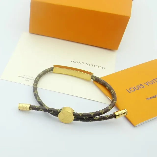 Louis Vuitton Brown Gold Braided Monogram Cord Engraved Plaque Bracelet 4