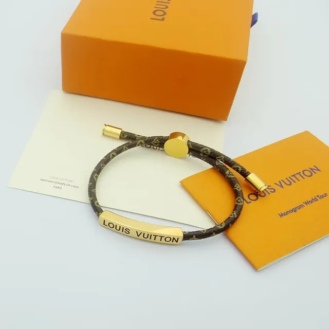 Louis Vuitton Brown Gold Braided Monogram Cord Engraved Plaque Bracelet 5