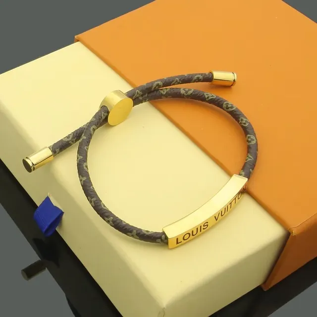 Louis Vuitton Brown Gold Braided Monogram Cord Engraved Plaque Bracelet 6
