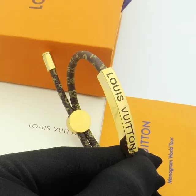 Louis Vuitton Brown Gold Braided Monogram Cord Engraved Plaque Bracelet 7