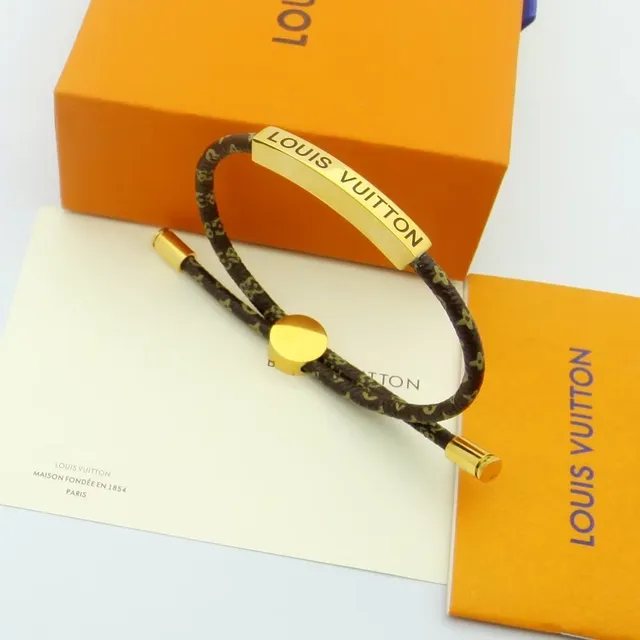 Louis Vuitton Brown Gold Braided Monogram Cord Engraved Plaque Bracelet 8