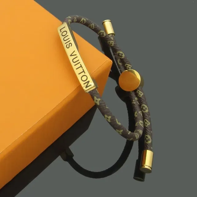 Louis Vuitton Brown Gold Braided Monogram Cord Engraved Plaque Bracelet 9