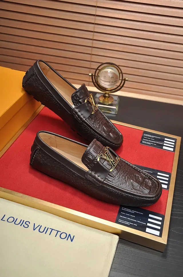 Louis Vuitton Brown Gold Crocodile-Embossed Leather LV Buckle Loafer 4