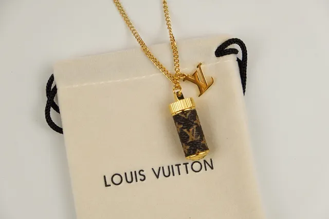 Louis Vuitton Brown Gold Cylindrical Monogram Pendant Chain Necklace 2