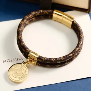 Louis Vuitton Pulsera de Cuero Marrón Dorado Doble Enrollado con Monograma