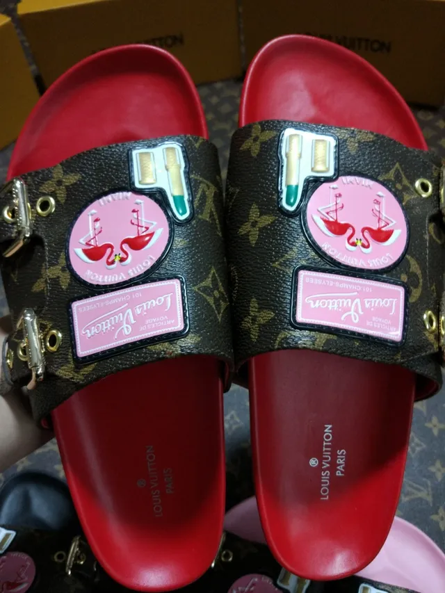 Louis Vuitton Brown Pink Double-Strap Buckle-Adjustable Slippers 4