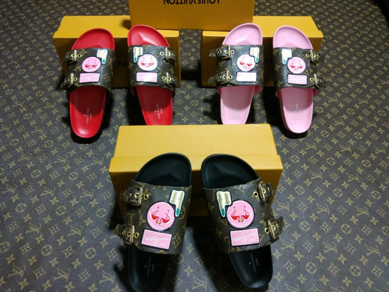 Louis Vuitton Brown Pink Double-Strap Buckle-Adjustable Slippers 5