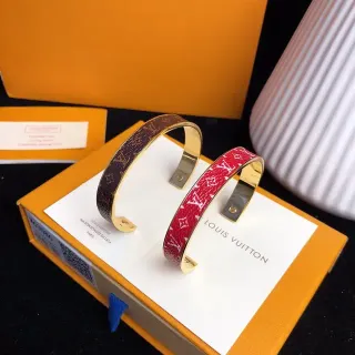 Louis Vuitton Brown Red Monogram Leather-Wrapped Gold-Tone Metal Cuff Bracelet