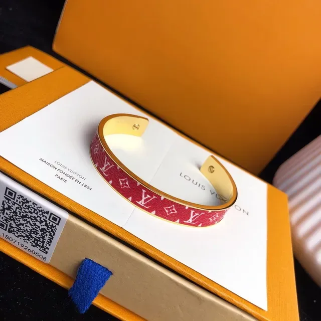 Louis Vuitton Brown Red Monogram Leather-Wrapped Gold-Tone Metal Cuff Bracelet 2