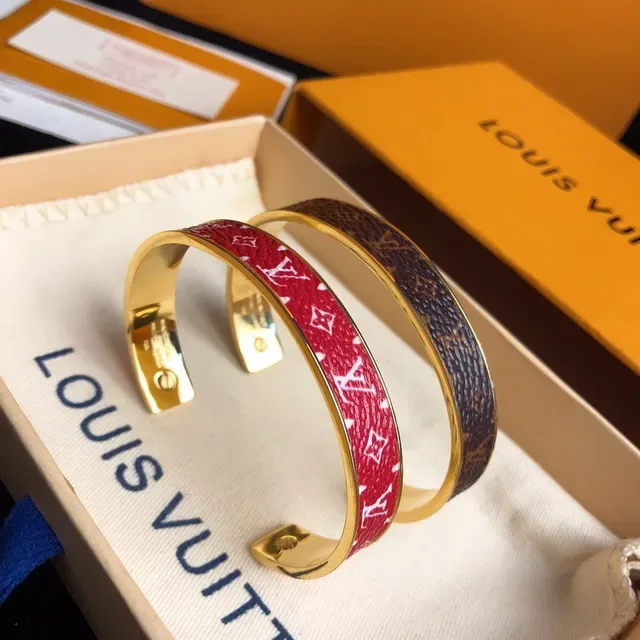 Louis Vuitton Brown Red Monogram Leather-Wrapped Gold-Tone Metal Cuff Bracelet 3
