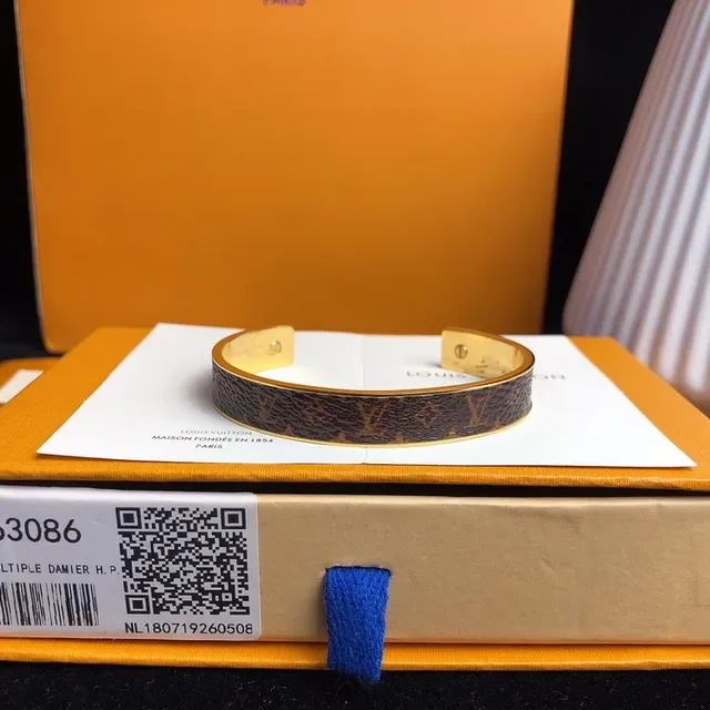 Louis Vuitton Brown Red Monogram Leather-Wrapped Gold-Tone Metal Cuff Bracelet 4