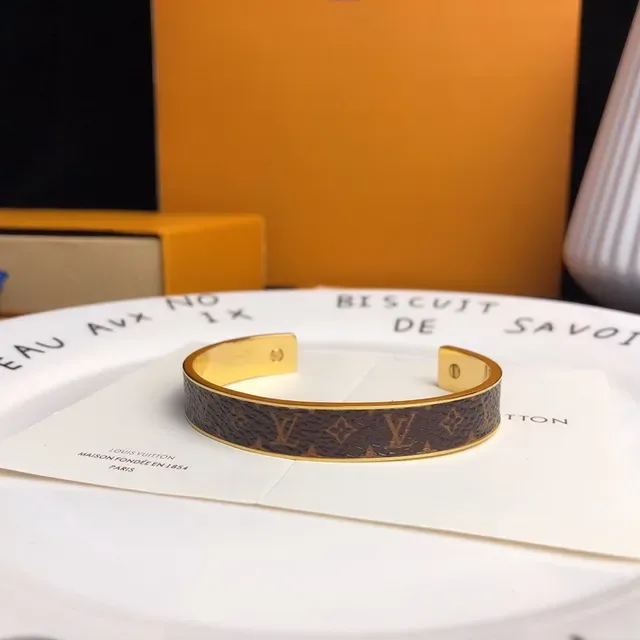 Louis Vuitton Brown Red Monogram Leather-Wrapped Gold-Tone Metal Cuff Bracelet 6