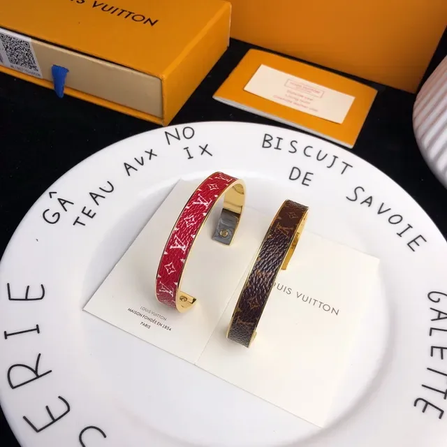 Louis Vuitton Brown Red Monogram Leather-Wrapped Gold-Tone Metal Cuff Bracelet 7