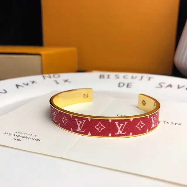 Louis Vuitton Brown Red Monogram Leather-Wrapped Gold-Tone Metal Cuff Bracelet 8