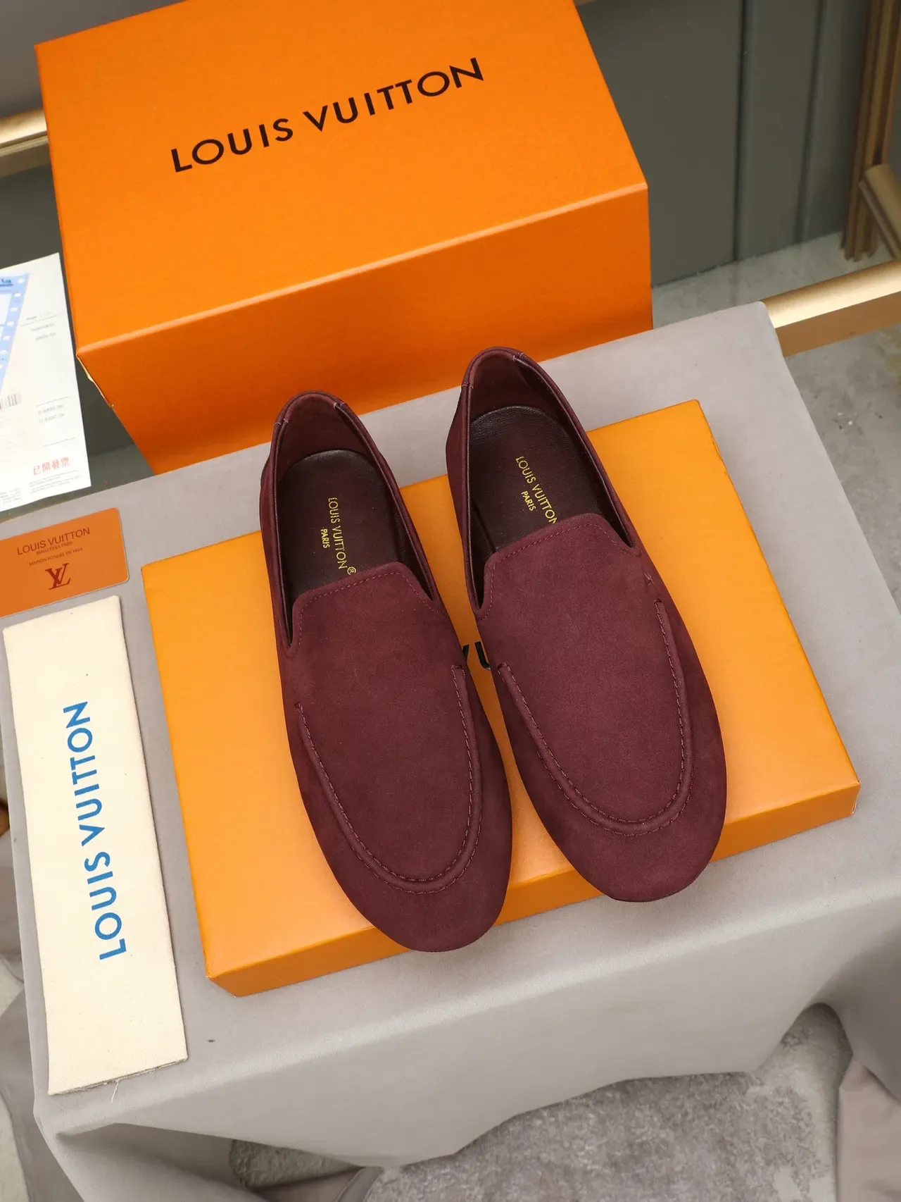 Louis Vuitton Burgundy Black Suede Upper Moccasin-Stitched Toe Loafer 3