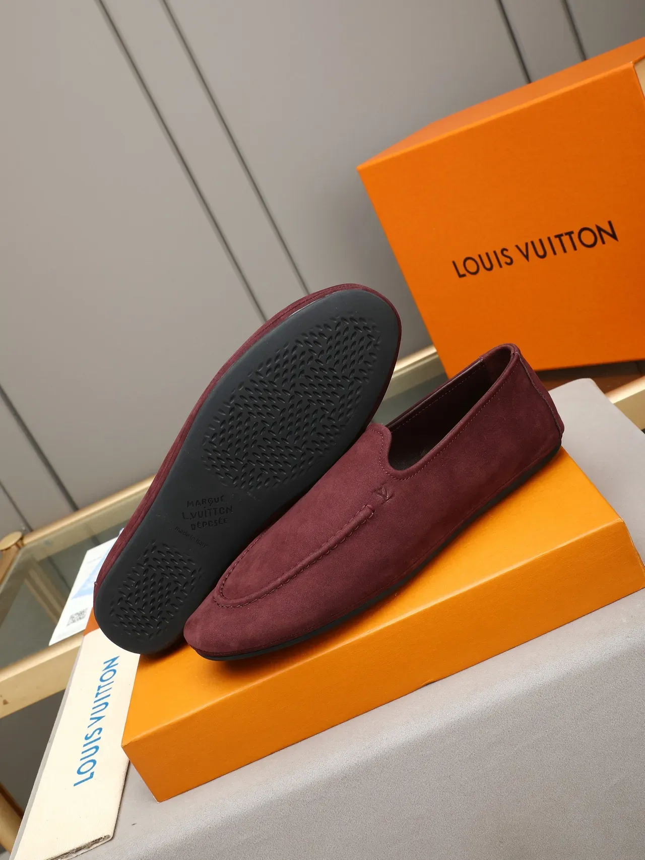 Louis Vuitton Burgundy Black Suede Upper Moccasin-Stitched Toe Loafer 4