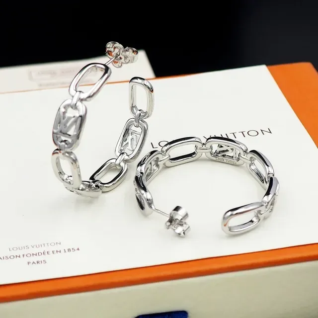 Louis Vuitton Chain Link Hoop Silver Gold Monogram-Cutout Earrings 2