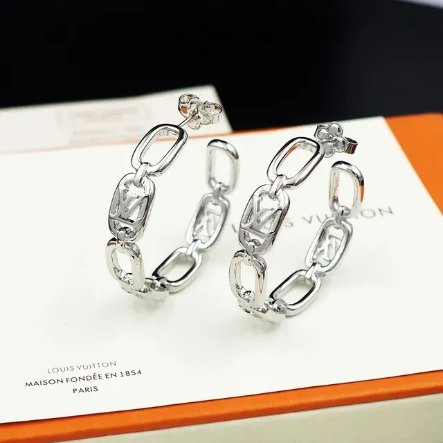 Louis Vuitton Chain Link Hoop Silver Gold Monogram-Cutout Earrings 4