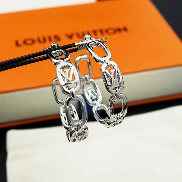 Louis Vuitton Chain Link Hoop Silver Gold Monogram-Cutout Earrings 5