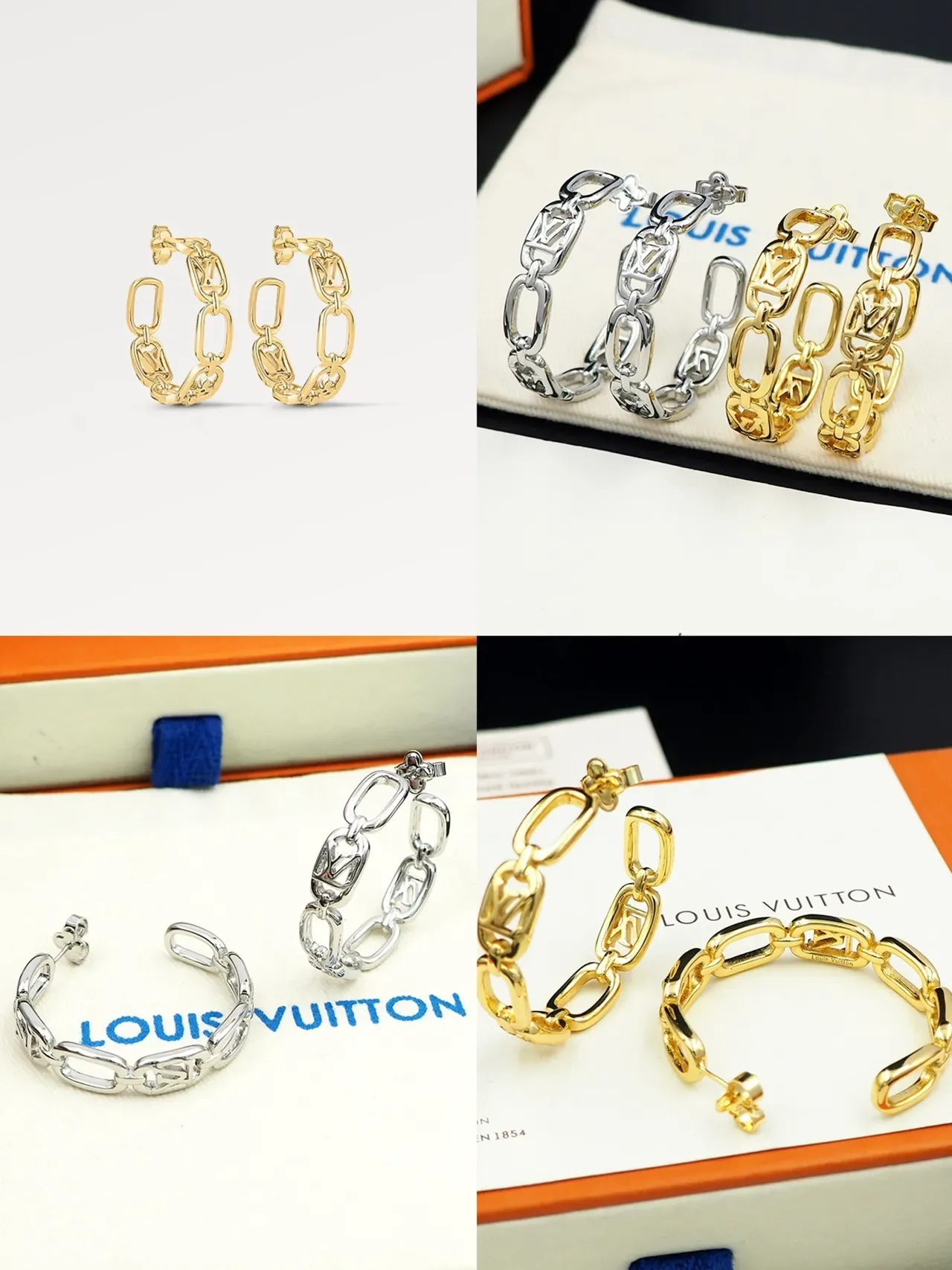 Louis Vuitton Chain Link Hoop Silver Gold Monogram-Cutout Earrings 7