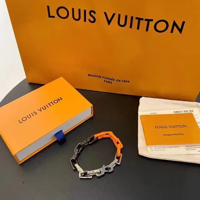 Louis Vuitton Chain Reaction Mixed-Material Orange and Silver Bracelet 3