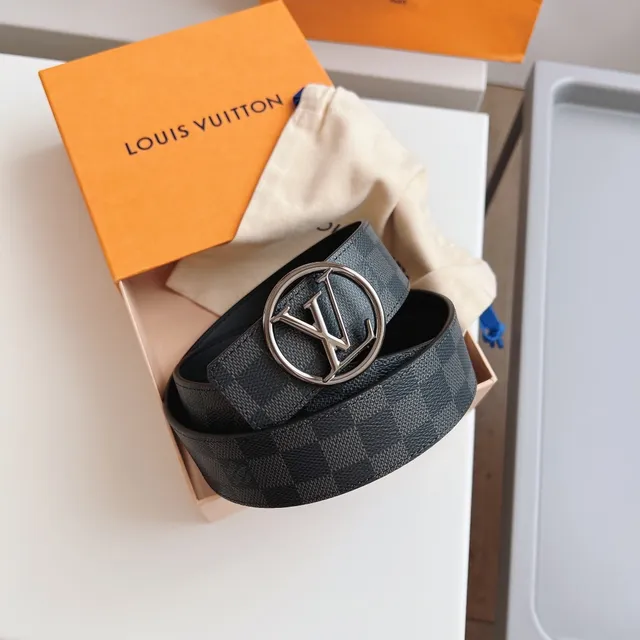 Louis Vuitton Damier Graphite Belt Gray Silver Canvas Circular LV Buckle Leather Belt 8