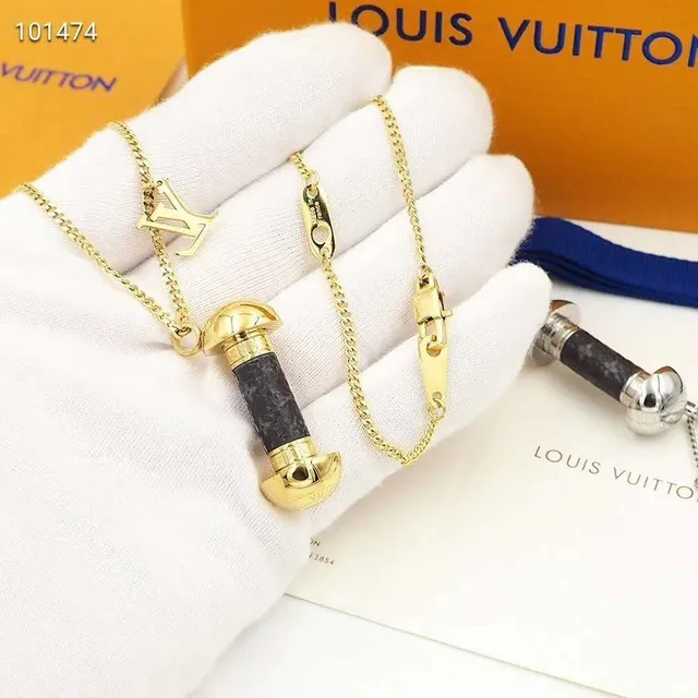 Louis Vuitton Dumbbell Gold Silver Pendant LV Monogram Charm Necklace 9