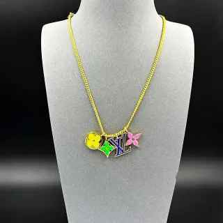 Louis Vuitton Flower Charm Necklace Gold Tone Multicolor Enamel Necklaces