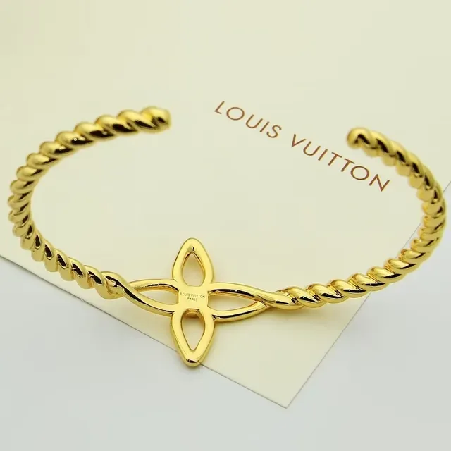 Louis Vuitton Flower Cuff Gold Silver Twisted Rope Band Open Four-Petal Motif Bracelet 2