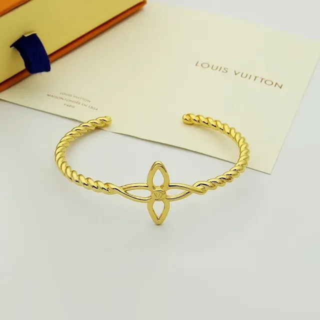 Louis Vuitton Flower Cuff Gold Silver Twisted Rope Band Open Four-Petal Motif Bracelet 3
