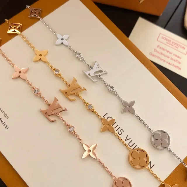 Louis Vuitton Flower Gold Silver Chain-Link Monogram Charm Bracelet 8