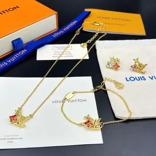 Louis Vuitton Flower Monogram Gold Red Chain Enamel Floral Necklace