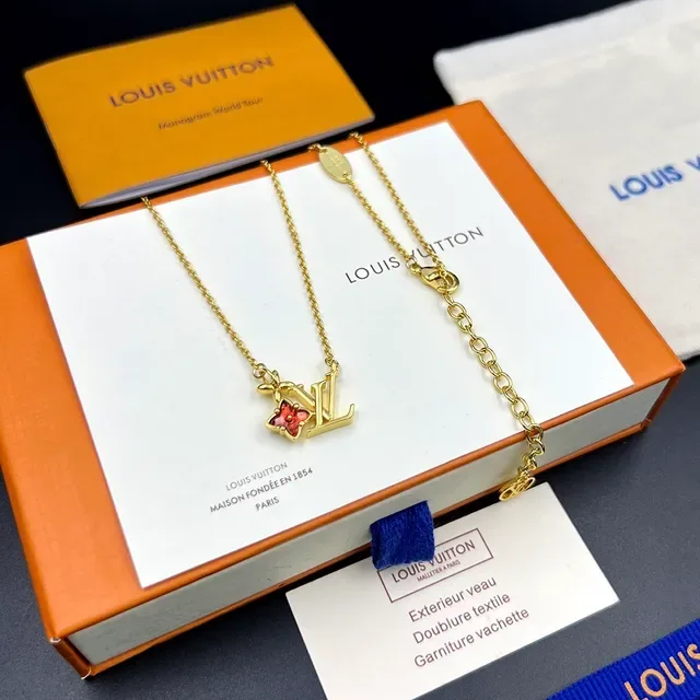Collier Louis Vuitton Monogram Floral Chaîne Or Émail Rouge 4