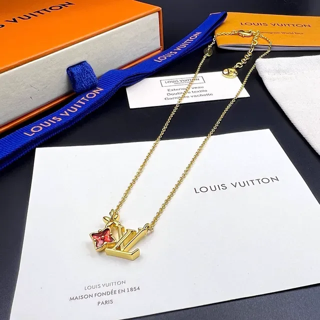 Collier Louis Vuitton Monogram Floral Chaîne Or Émail Rouge 5