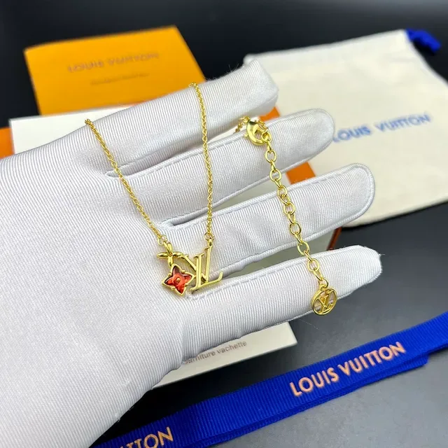 Collier Louis Vuitton Monogram Floral Chaîne Or Émail Rouge 8