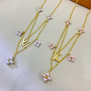 Louis Vuitton Flower Motif Gold Pink Multi-Chain Layered Floral Enamel Charms Necklace