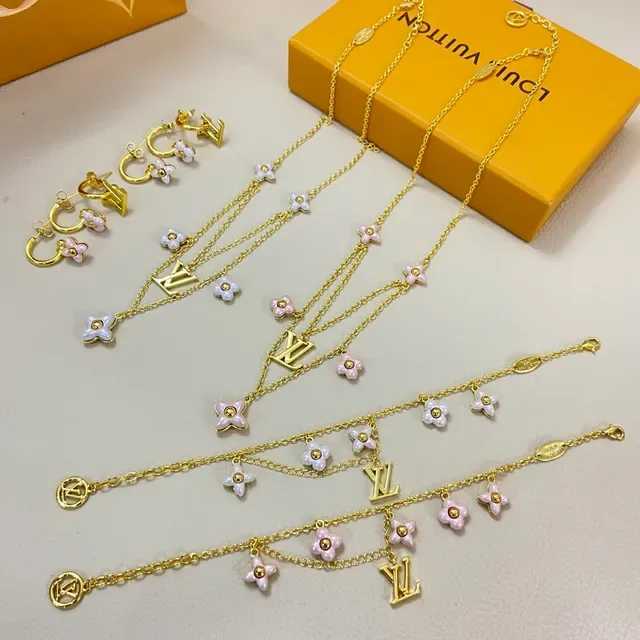 Louis Vuitton Flower Motif Gold Pink Multi-Chain Layered Floral Enamel Charms Necklace 2