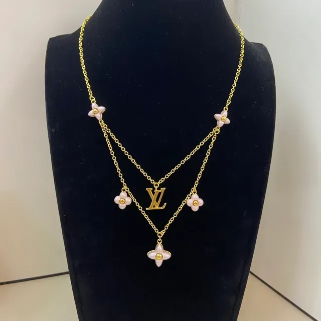 Louis Vuitton Flower Motif Gold Pink Multi-Chain Layered Floral Enamel Charms Necklace 3
