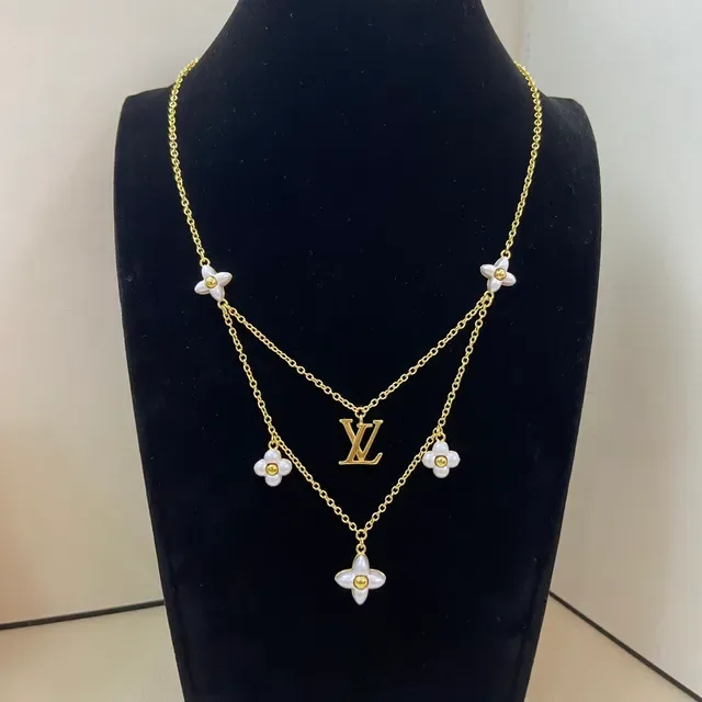 Louis Vuitton Flower Motif Gold Pink Multi-Chain Layered Floral Enamel Charms Necklace 4