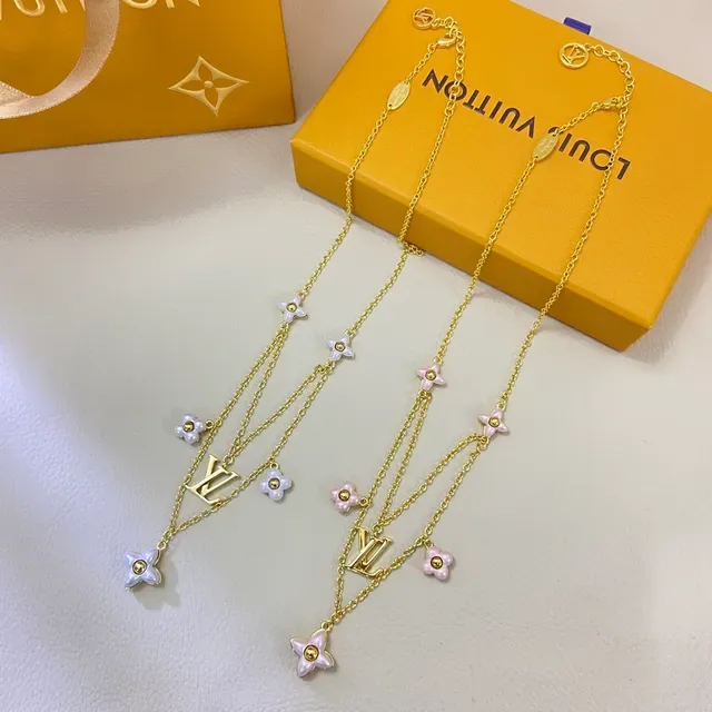Louis Vuitton Flower Motif Gold Pink Multi-Chain Layered Floral Enamel Charms Necklace 9